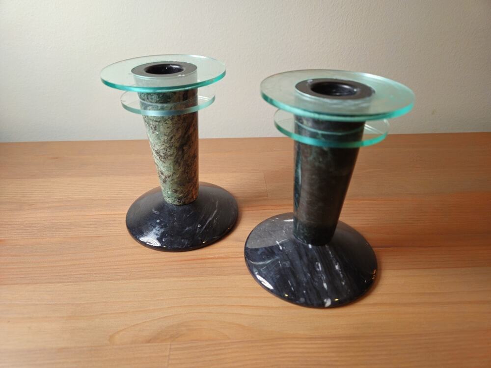 2 Milano Series Memphis Style 1980s Green-Black Marble Candle Holder Pair